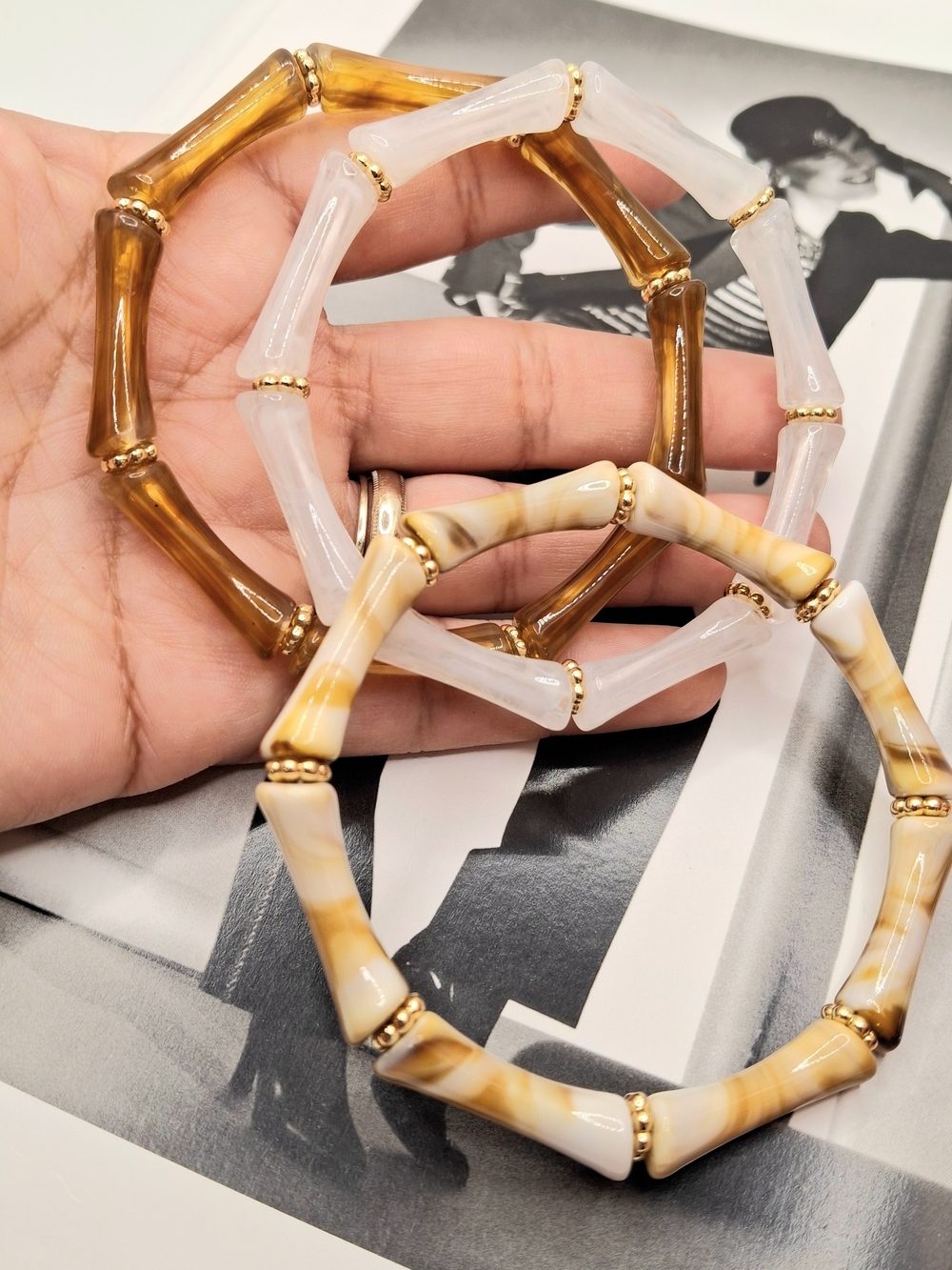 Fashion Bamboo-Style Beaded Stretch Bracelet - White, Brown, Amber -